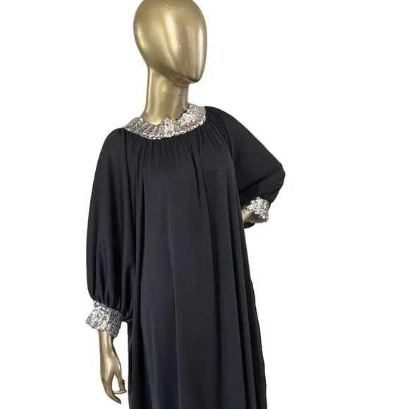 Vintage GLAM 70s Caftan Sequin Trimmed Maxi Dress 1970s Lounge Wear S-M-L - Picture 6 of 11